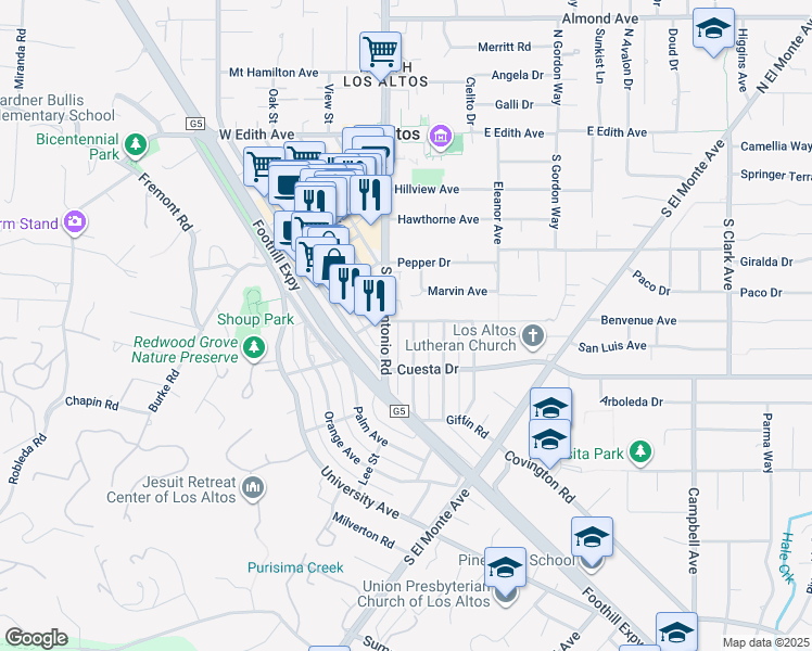 map of restaurants, bars, coffee shops, grocery stores, and more near 36 Lyell Street in Los Altos