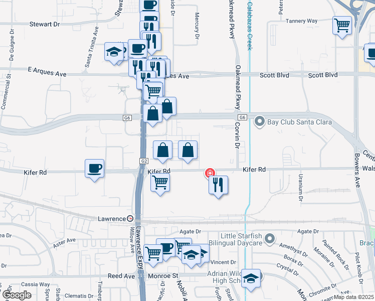 map of restaurants, bars, coffee shops, grocery stores, and more near 2938 Lamory Place in Santa Clara