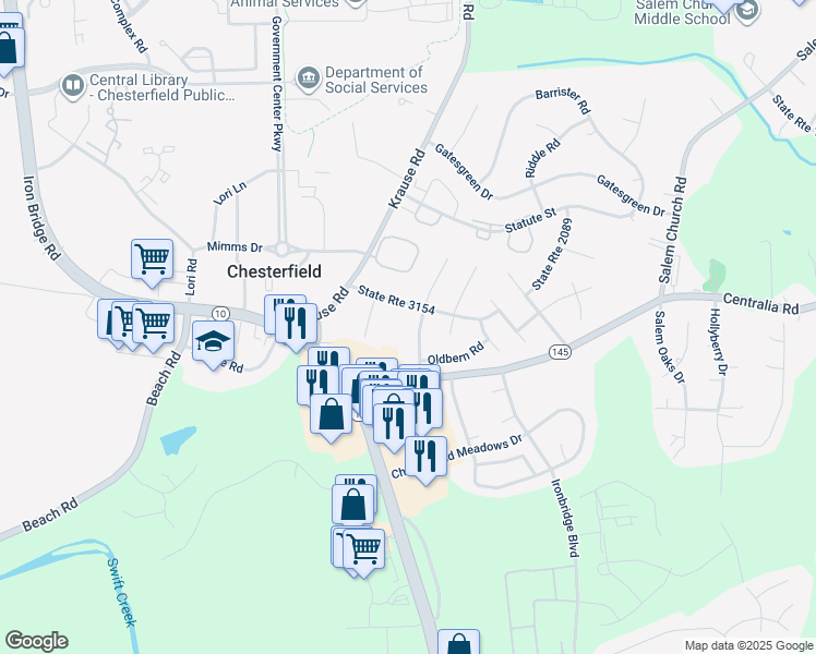 map of restaurants, bars, coffee shops, grocery stores, and more near 9904 Nott Lane in Chesterfield