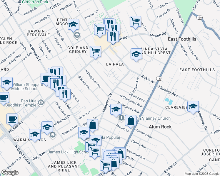 map of restaurants, bars, coffee shops, grocery stores, and more near North Claremont Avenue in San Jose
