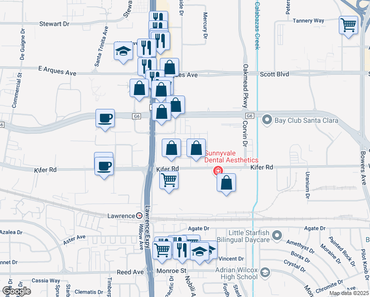 map of restaurants, bars, coffee shops, grocery stores, and more near 2938 Copper Road in Santa Clara