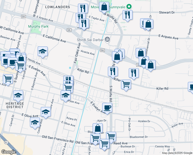 map of restaurants, bars, coffee shops, grocery stores, and more near 740 Kifer Road in Sunnyvale
