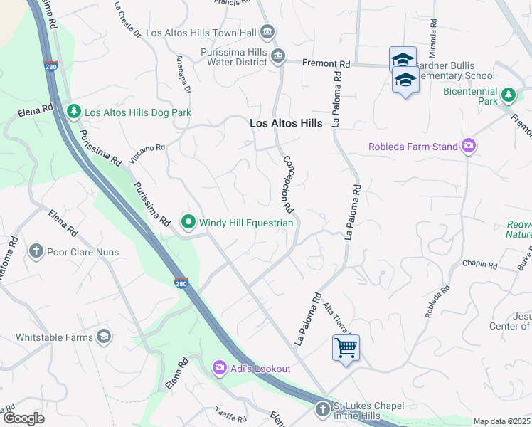 map of restaurants, bars, coffee shops, grocery stores, and more near 12605 Viscaino Court in Los Altos Hills