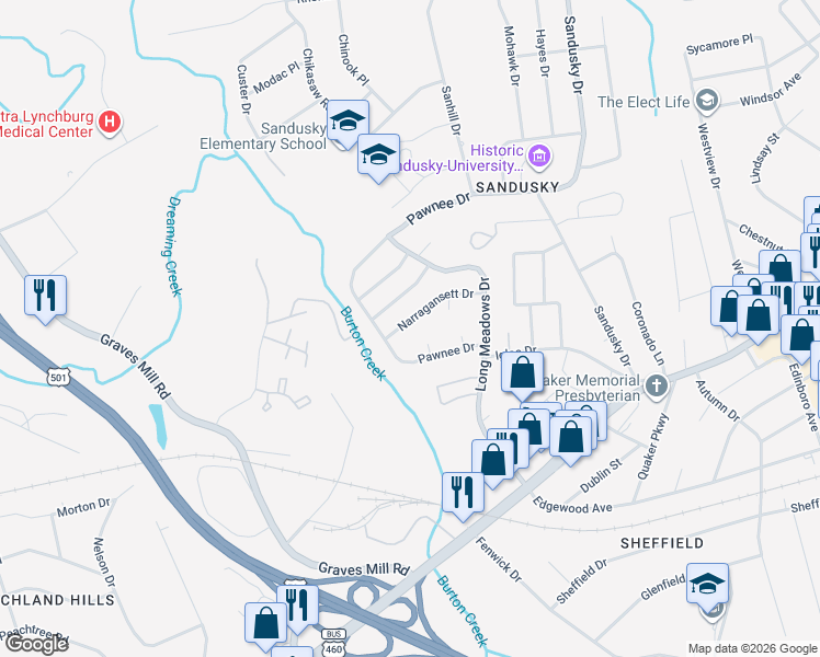 map of restaurants, bars, coffee shops, grocery stores, and more near 6247 Narragansett Drive in Lynchburg