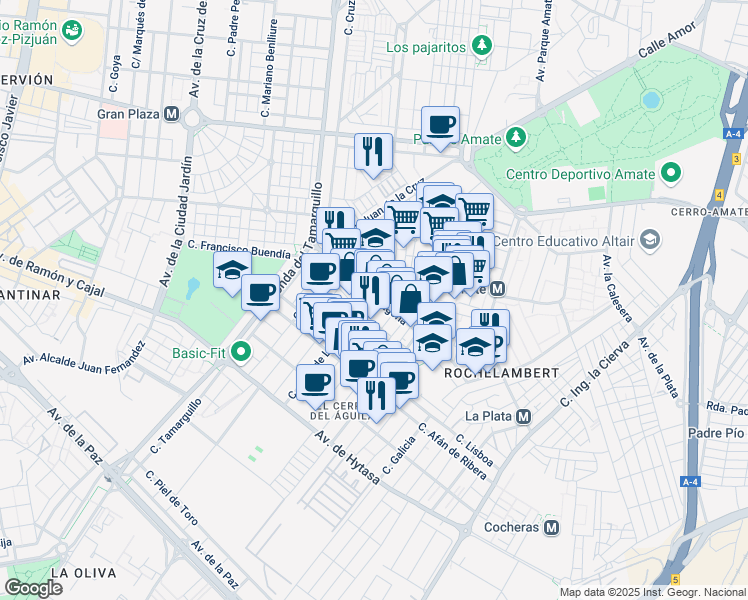 map of restaurants, bars, coffee shops, grocery stores, and more near 60 Calle Tarragona in Sevilla