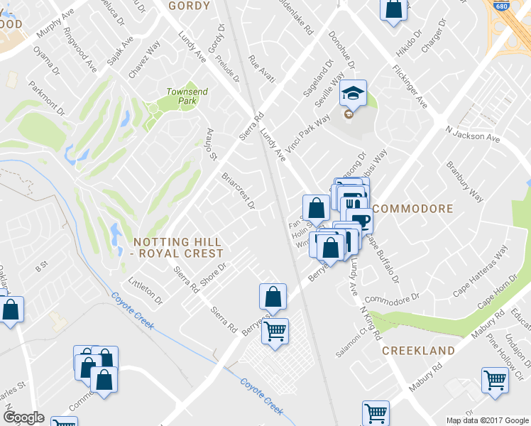 map of restaurants, bars, coffee shops, grocery stores, and more near 1658 Valley Crest Court in San Jose