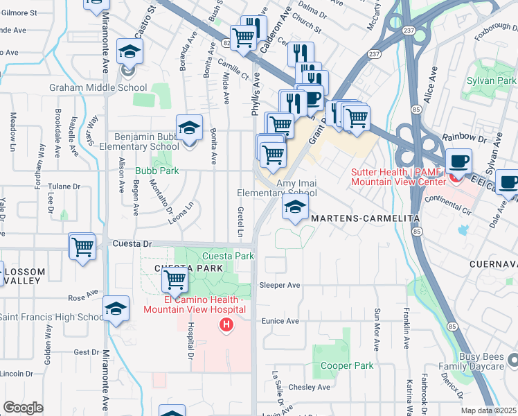 map of restaurants, bars, coffee shops, grocery stores, and more near 1525 Tyler Park Way in Mountain View