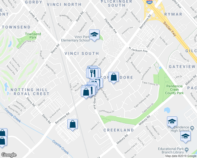 map of restaurants, bars, coffee shops, grocery stores, and more near 1746 Abington Court in San Jose