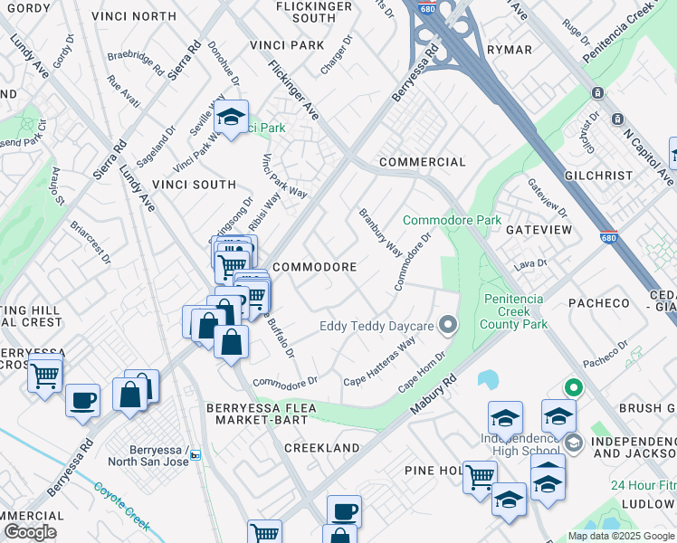 map of restaurants, bars, coffee shops, grocery stores, and more near 1923 Wave Place in San Jose