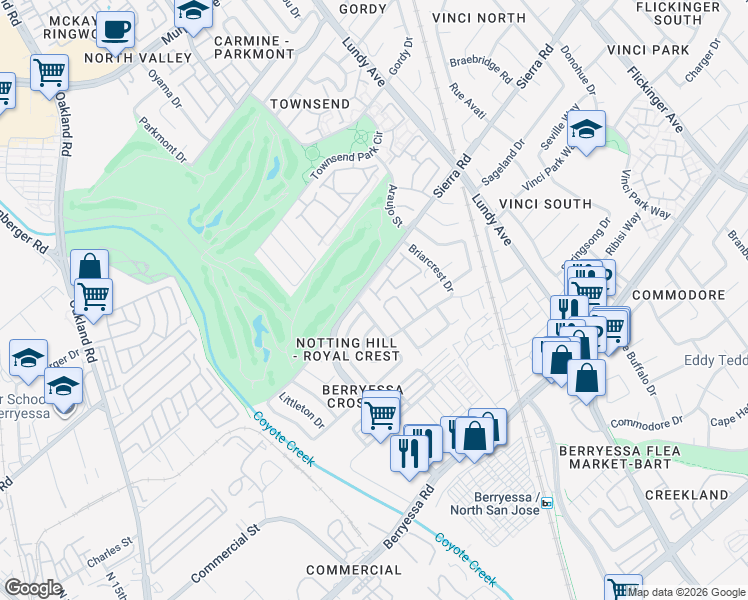 map of restaurants, bars, coffee shops, grocery stores, and more near 1596 Bellemeade Street in San Jose