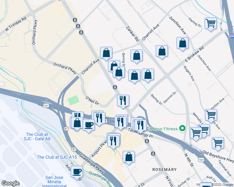 map of restaurants, bars, coffee shops, grocery stores, and more near in San Jose
