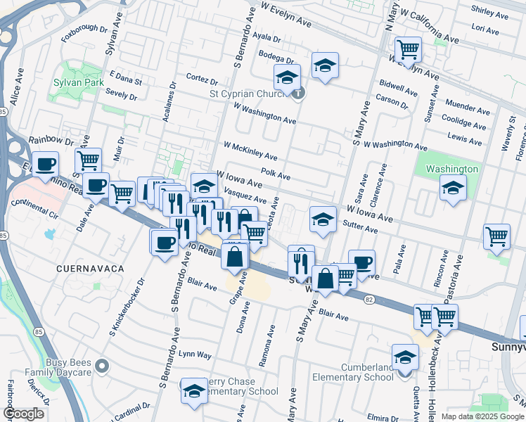 map of restaurants, bars, coffee shops, grocery stores, and more near 1111 Viscaino Avenue in Sunnyvale