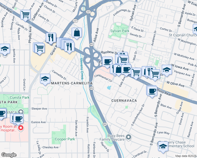 map of restaurants, bars, coffee shops, grocery stores, and more near 716-2305 Continental Cir in Mountain View