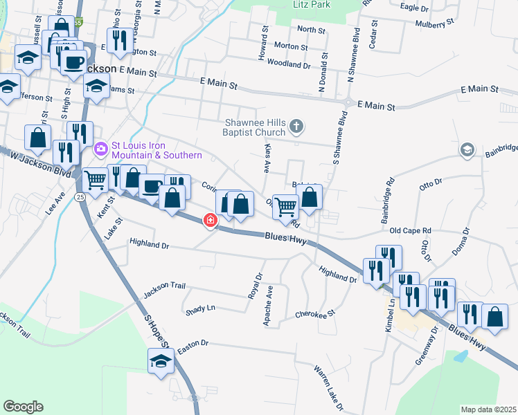 map of restaurants, bars, coffee shops, grocery stores, and more near 1060 Corinne Street in Jackson