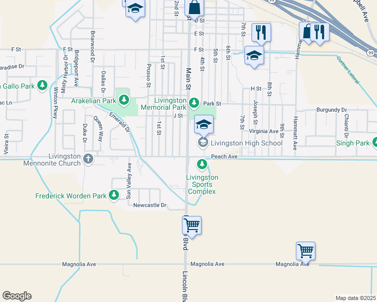 map of restaurants, bars, coffee shops, grocery stores, and more near 1617 Main Street in Livingston