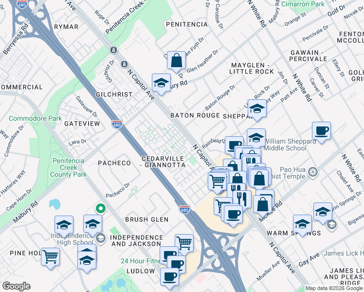 map of restaurants, bars, coffee shops, grocery stores, and more near St Charles Cir in San Jose
