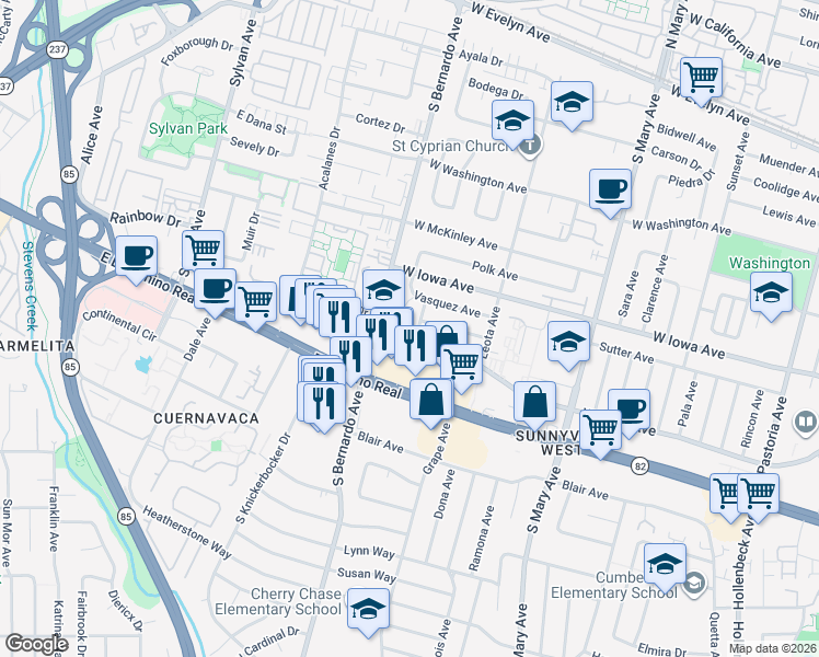 map of restaurants, bars, coffee shops, grocery stores, and more near 457 Carneros Avenue in Sunnyvale