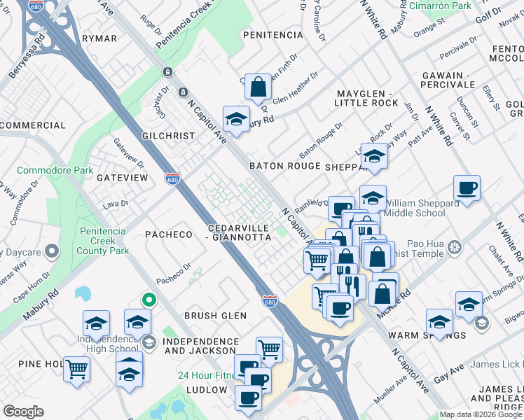 map of restaurants, bars, coffee shops, grocery stores, and more near 2592 Baton Rouge Drive in San Jose
