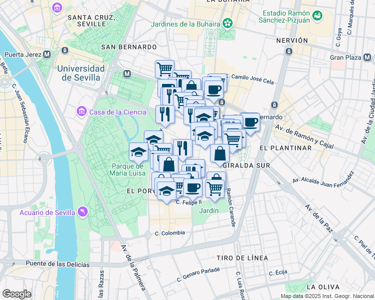 map of restaurants, bars, coffee shops, grocery stores, and more near 13 Calle California in Sevilla