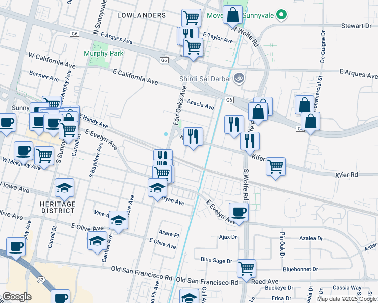 map of restaurants, bars, coffee shops, grocery stores, and more near 11 in Sunnyvale