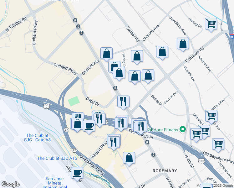 map of restaurants, bars, coffee shops, grocery stores, and more near 2121 North 1st Street in San Jose
