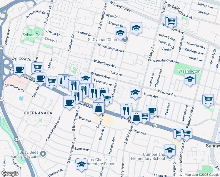 map of restaurants, bars, coffee shops, grocery stores, and more near 1111 Viscaino Avenue in Sunnyvale