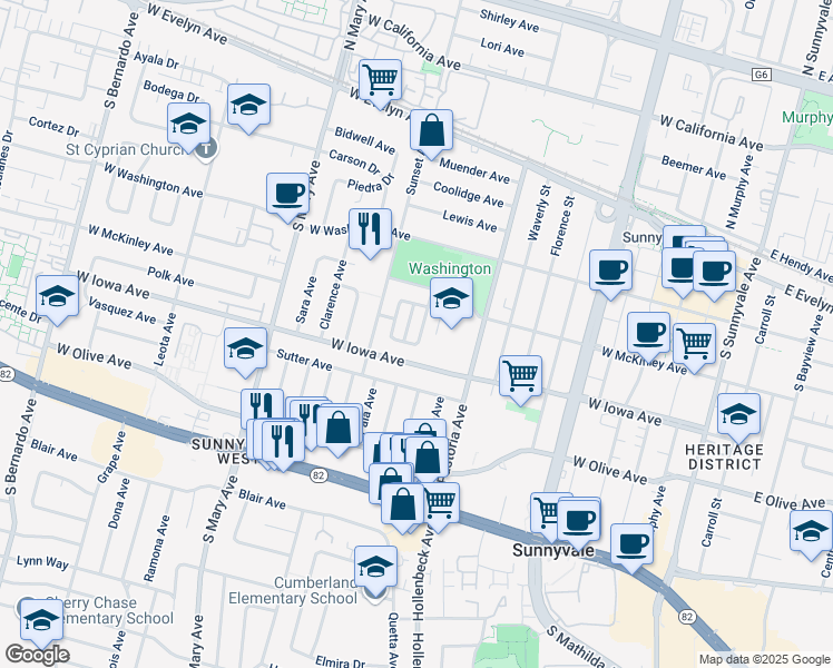 map of restaurants, bars, coffee shops, grocery stores, and more near 381 Pescadero Terrace in Sunnyvale