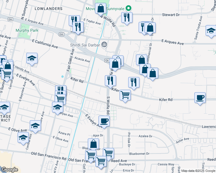 map of restaurants, bars, coffee shops, grocery stores, and more near 777 Kifer Road in Sunnyvale