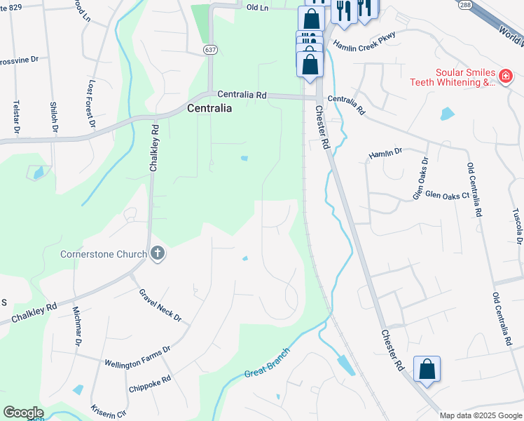 map of restaurants, bars, coffee shops, grocery stores, and more near Centralia Station in Chesterfield County