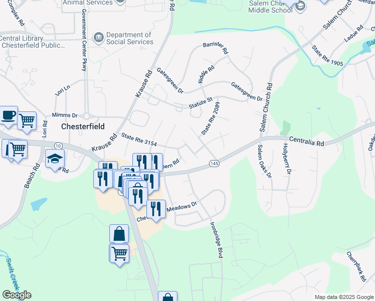 map of restaurants, bars, coffee shops, grocery stores, and more near 9902 Husting Terrace in Chesterfield