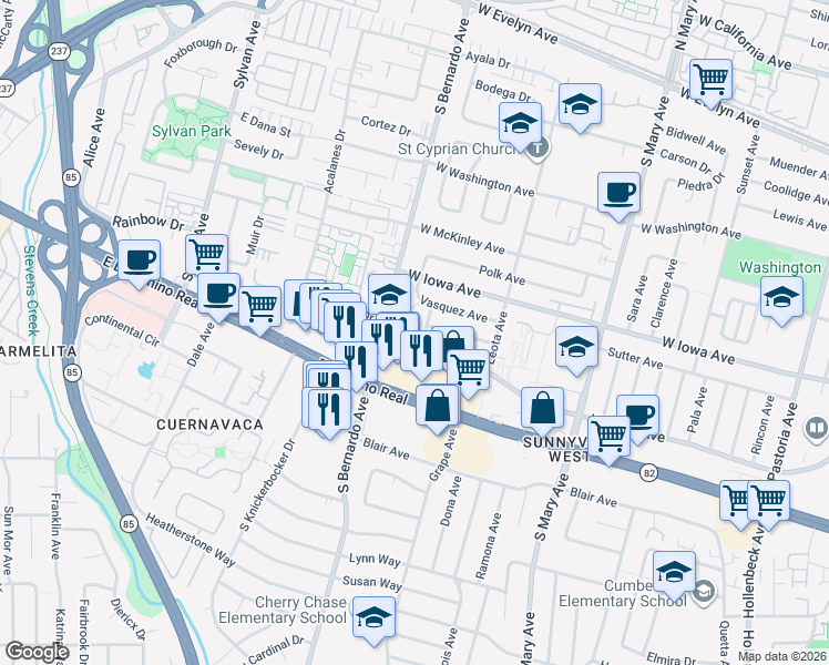 map of restaurants, bars, coffee shops, grocery stores, and more near 457 Carneros Avenue in Sunnyvale