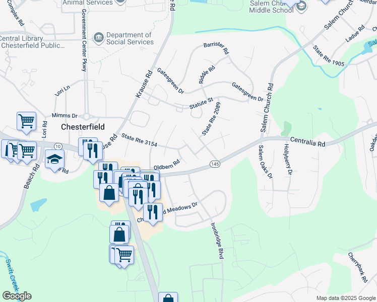 map of restaurants, bars, coffee shops, grocery stores, and more near 9902 Husting Terrace in Chesterfield