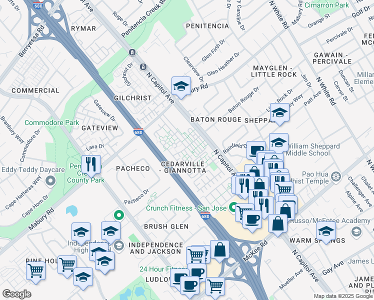 map of restaurants, bars, coffee shops, grocery stores, and more near 2480 Baton Rouge Drive in San Jose