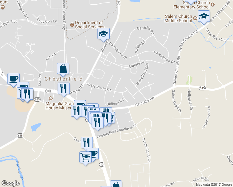 map of restaurants, bars, coffee shops, grocery stores, and more near 9901 Brenspark Road in Chesterfield