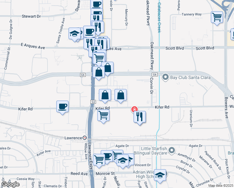 map of restaurants, bars, coffee shops, grocery stores, and more near 2940 Lamory Place in Santa Clara