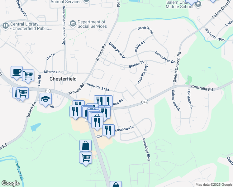 map of restaurants, bars, coffee shops, grocery stores, and more near 9901 Brenspark Road in Chesterfield