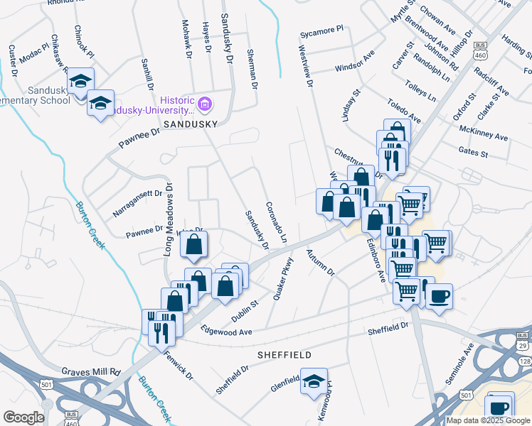 map of restaurants, bars, coffee shops, grocery stores, and more near 1043 Coronado Lane in Lynchburg