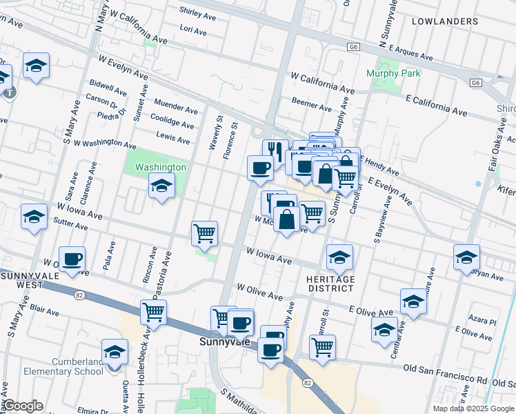map of restaurants, bars, coffee shops, grocery stores, and more near 445 West McKinley Avenue in Sunnyvale