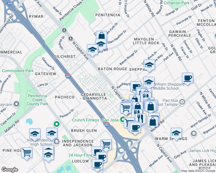 map of restaurants, bars, coffee shops, grocery stores, and more near 2623 Gimelli Place in San Jose