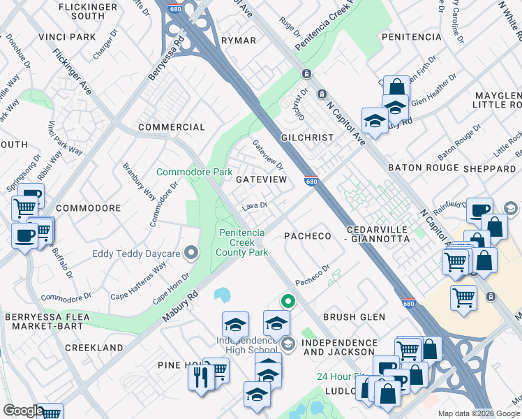 map of restaurants, bars, coffee shops, grocery stores, and more near 796 Ferndale Court in San Jose