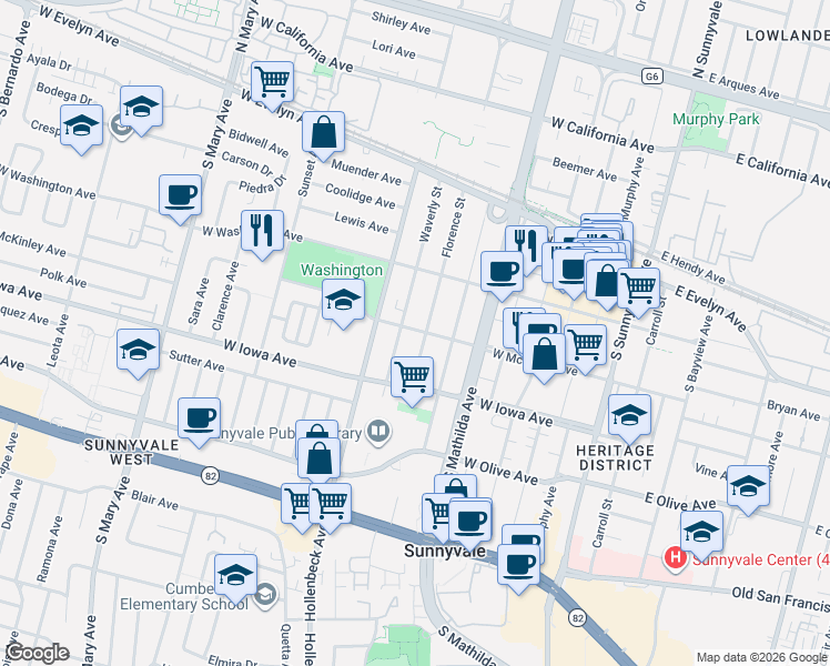 map of restaurants, bars, coffee shops, grocery stores, and more near 596 West McKinley Avenue in Sunnyvale