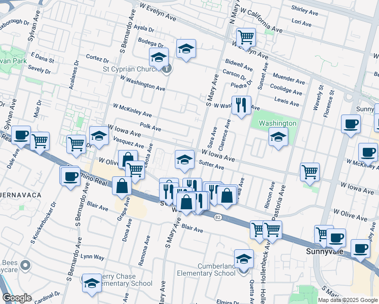 map of restaurants, bars, coffee shops, grocery stores, and more near in Sunnyvale