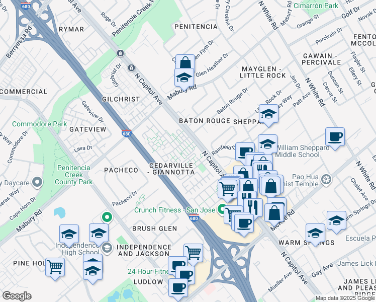 map of restaurants, bars, coffee shops, grocery stores, and more near 2588 Baton Rouge Drive in San Jose