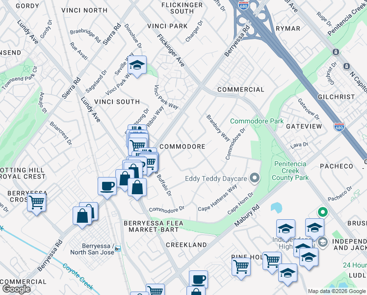 map of restaurants, bars, coffee shops, grocery stores, and more near 1865 Penwood Street in San Jose