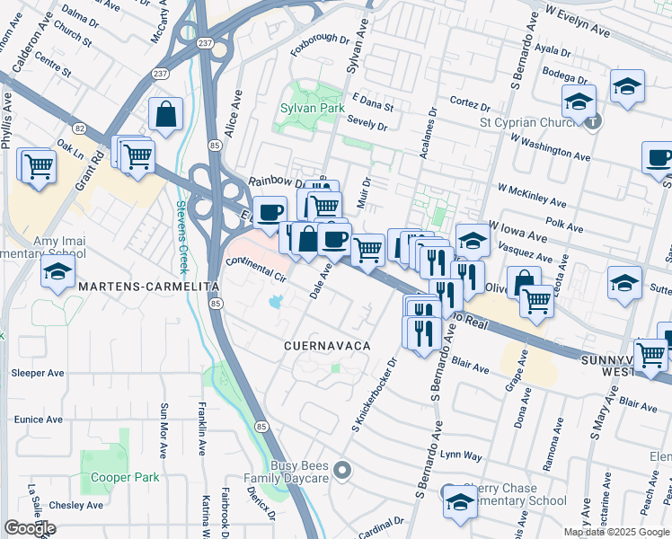 map of restaurants, bars, coffee shops, grocery stores, and more near 805 East El Camino Real in Mountain View