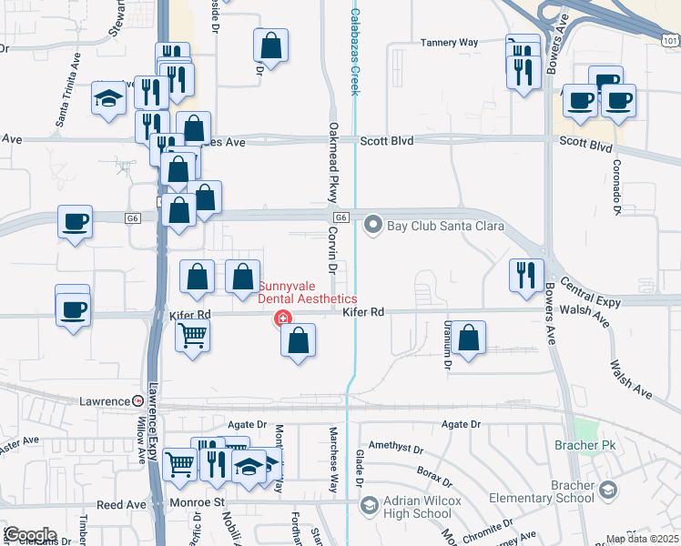 map of restaurants, bars, coffee shops, grocery stores, and more near 2991 Corvin Drive in Santa Clara