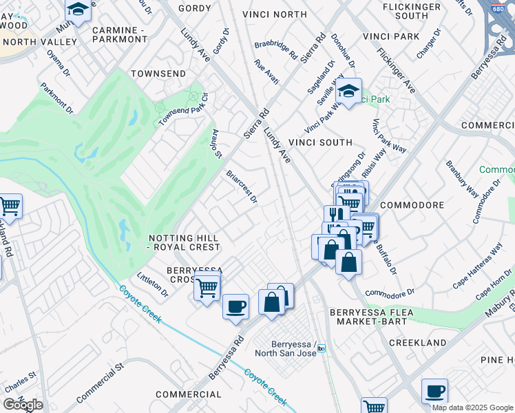 map of restaurants, bars, coffee shops, grocery stores, and more near 3281 Valley Crest Drive in San Jose