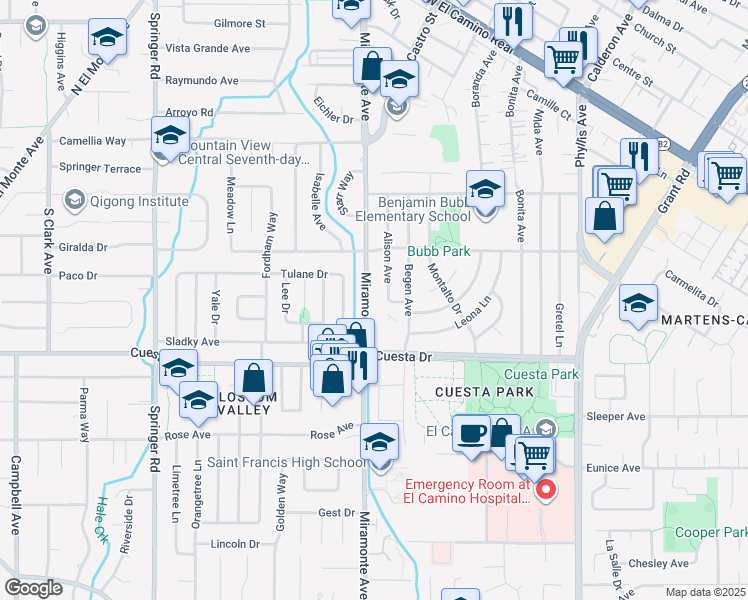 map of restaurants, bars, coffee shops, grocery stores, and more near 1657 Miramonte Avenue in Mountain View