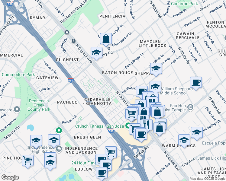 map of restaurants, bars, coffee shops, grocery stores, and more near 2623 Gimelli Place in San Jose