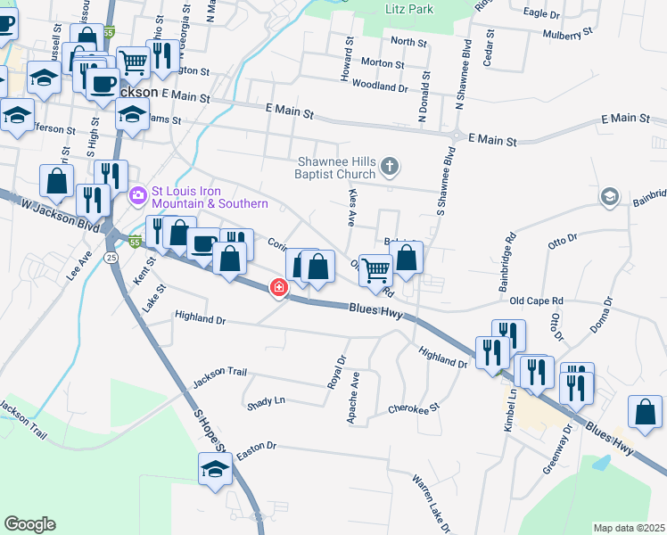 map of restaurants, bars, coffee shops, grocery stores, and more near 1060 Corinne Street in Jackson